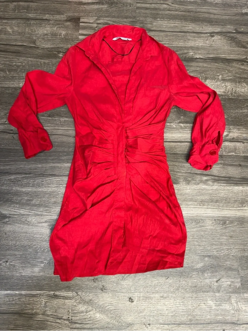 Zara Red Linen Blend Ruched Shirt Dress Size M